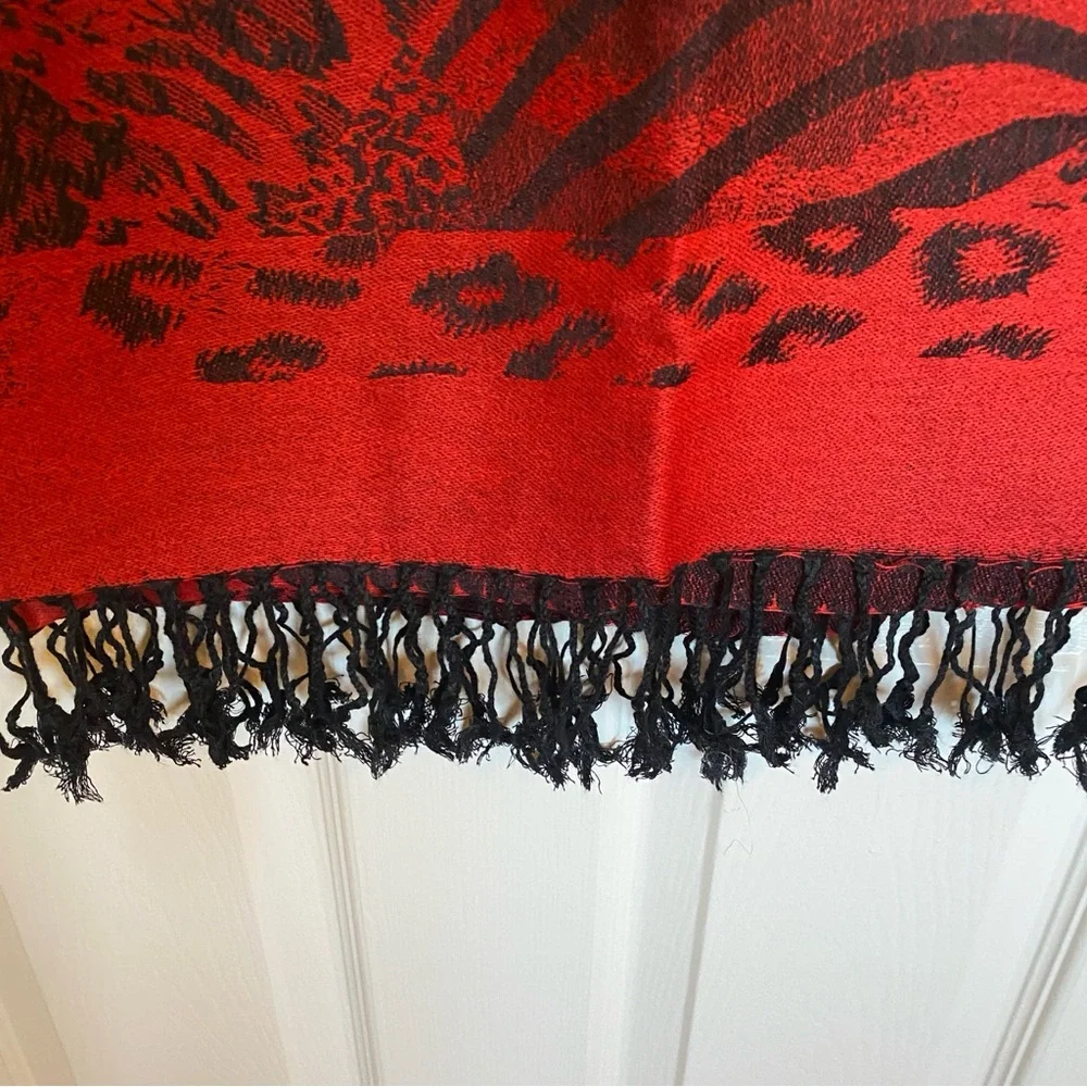 Pashmina Scarf Tiger Print Red and Black, Yellow Rhinestone Eyes